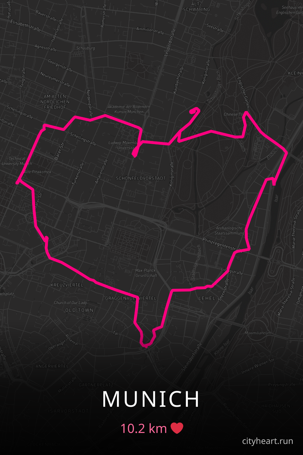 Heart-shaped running route in Munich, 10.2 km — GPS art for Strava