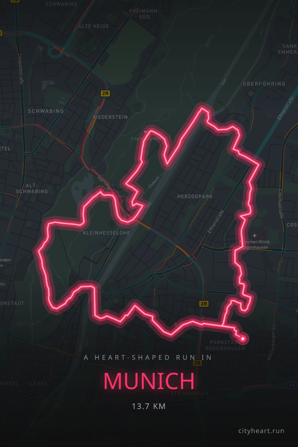 Heart-shaped running route in Munich, 13.7 km — GPS art for Strava