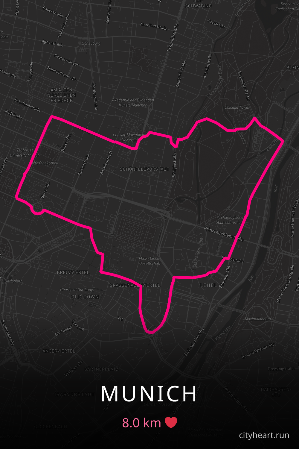 Heart-shaped running route in Munich, 8.0 km — GPS art for Strava