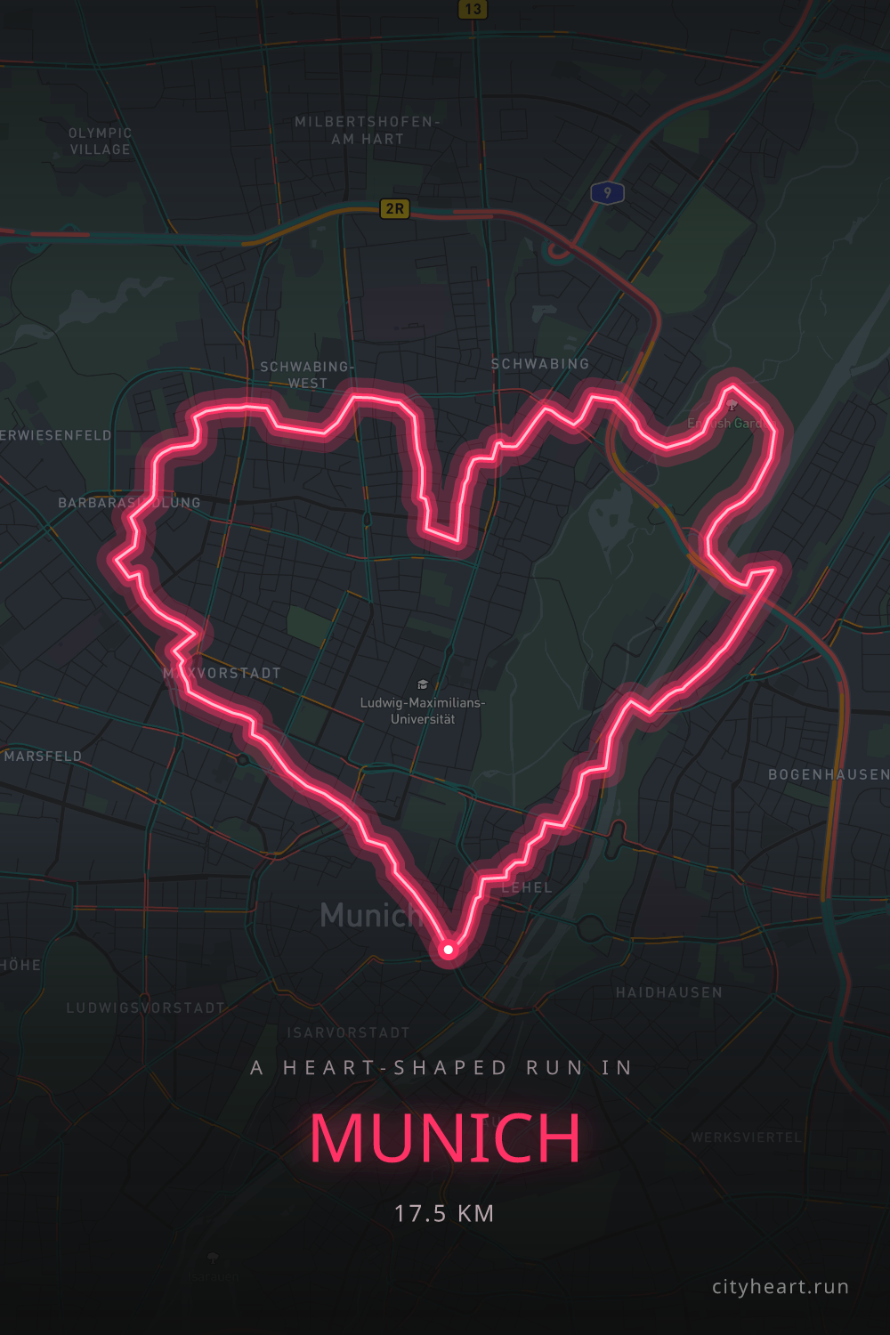 Heart-shaped running route in Munich, 17.5 km — GPS art for Strava