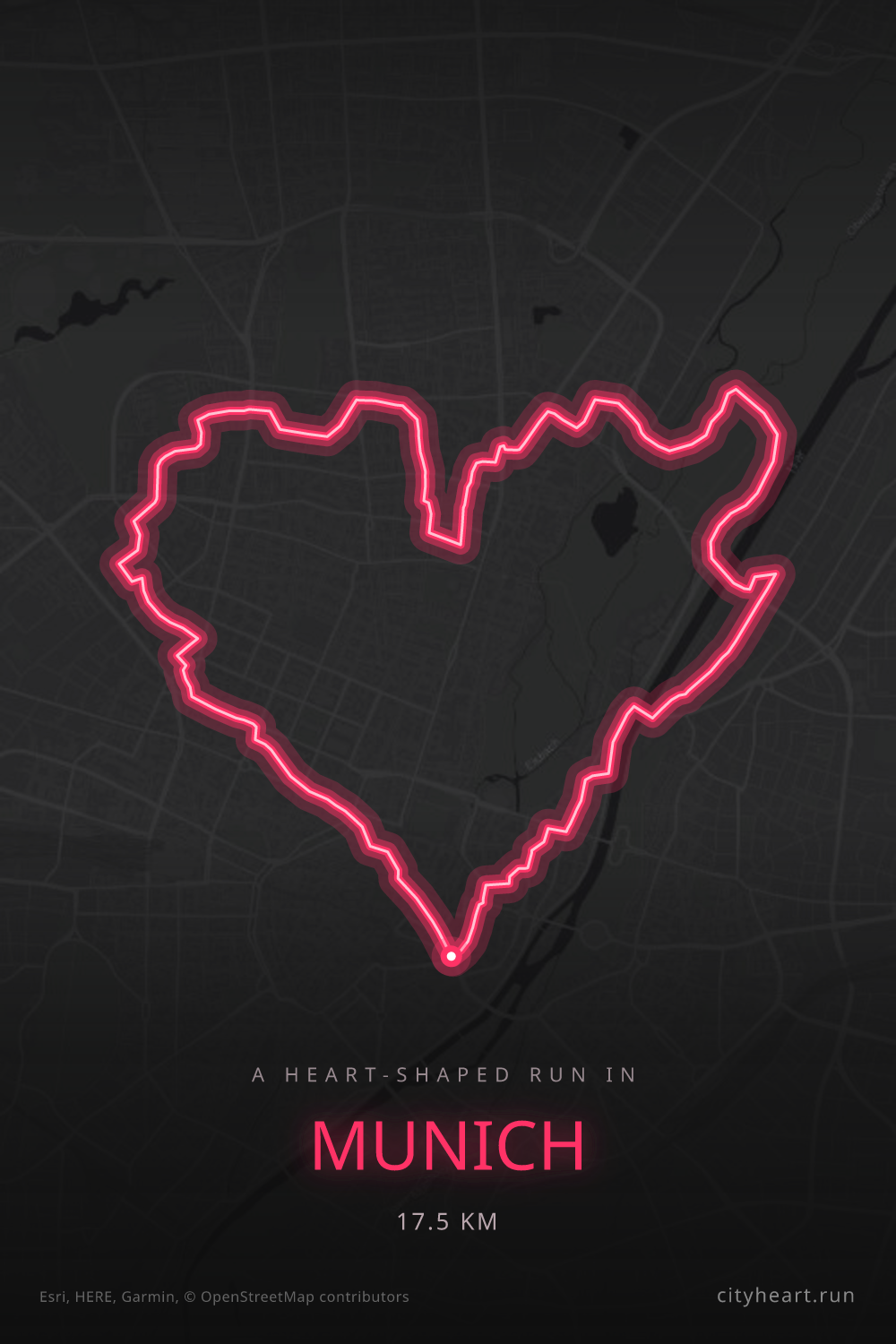 Heart-shaped running route in Munich, 17.5 km — GPS art for Strava