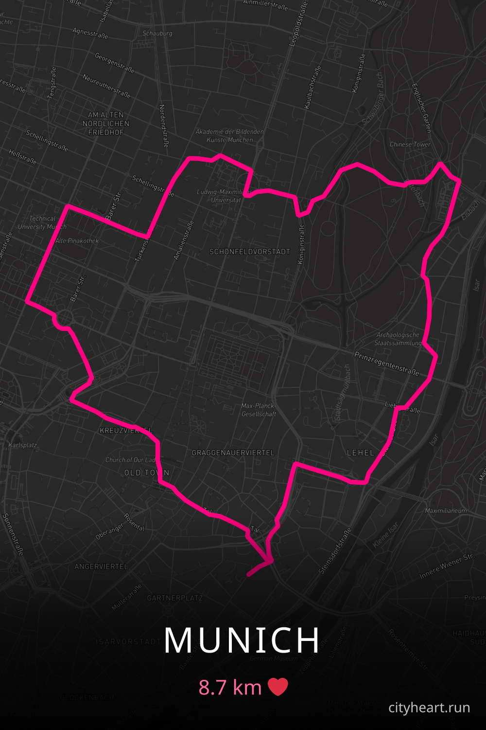 Heart-shaped running route in Munich, 8.7 km — GPS art for Strava