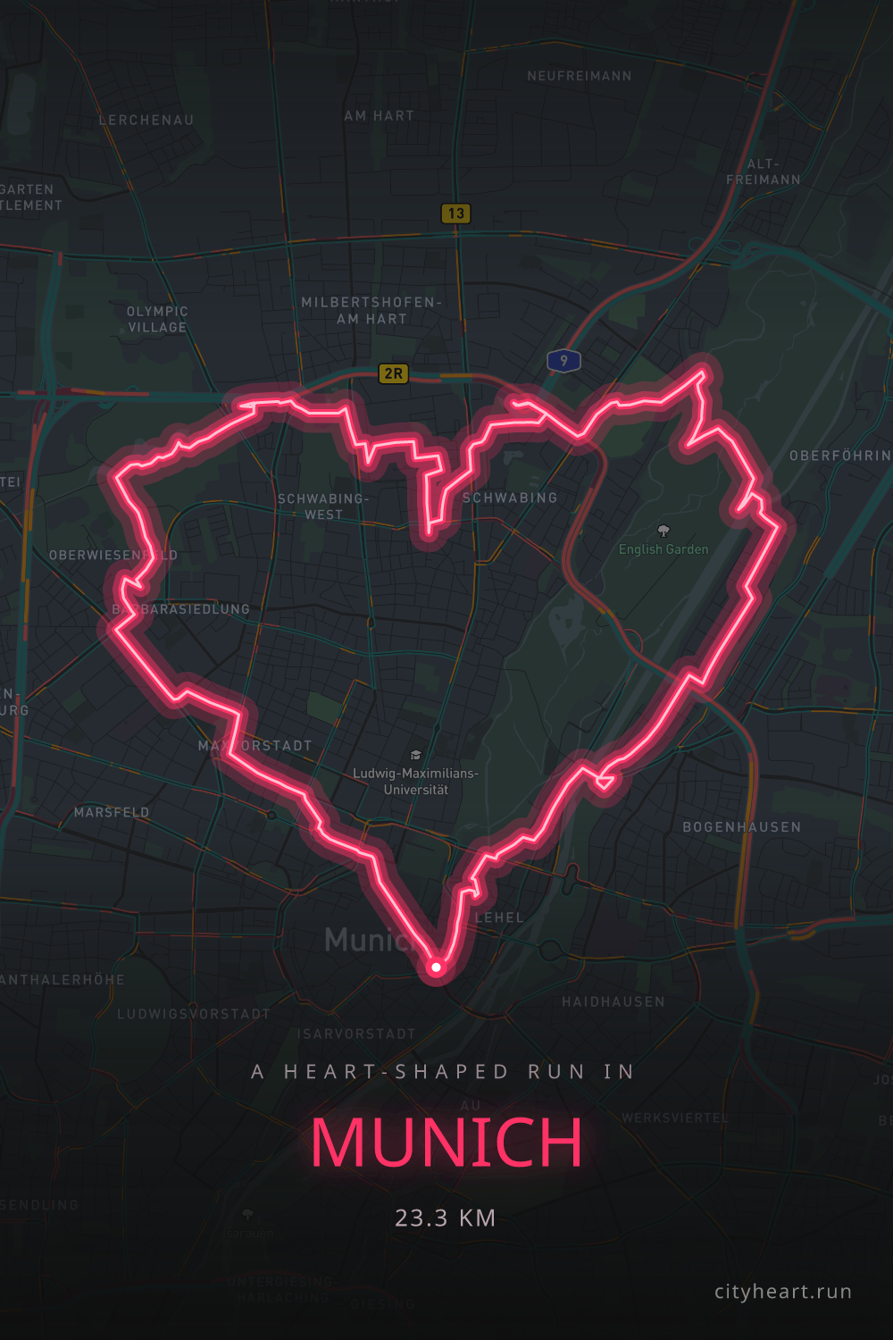 Heart-shaped running route in Munich, 23.3 km — GPS art for Strava
