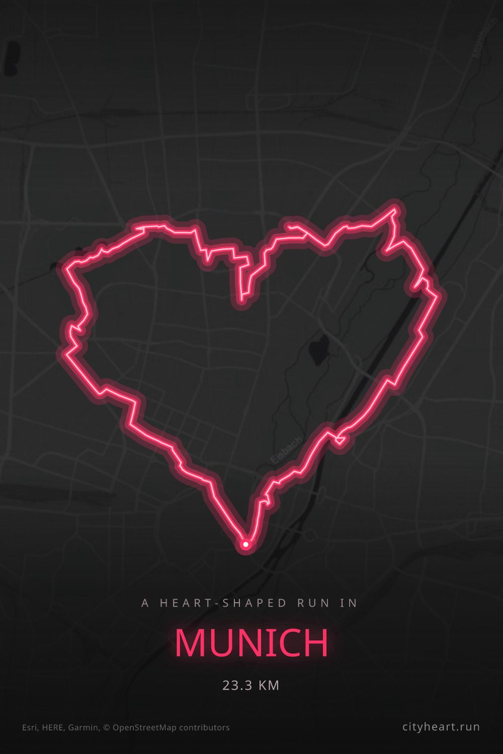 Heart-shaped running route in Munich, 23.3 km — GPS art for Strava