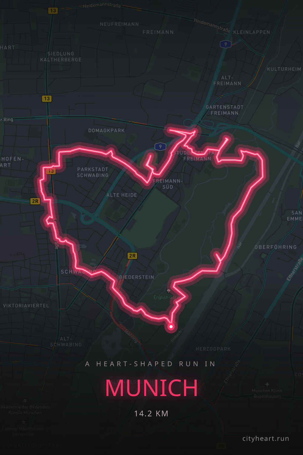 Heart-shaped running route in Munich, 16.3 km — GPS art for Strava