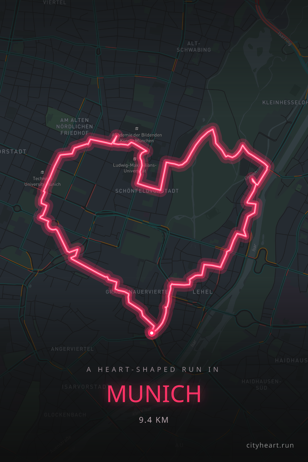 Heart-shaped running route in Munich, 9.4 km — GPS art for Strava