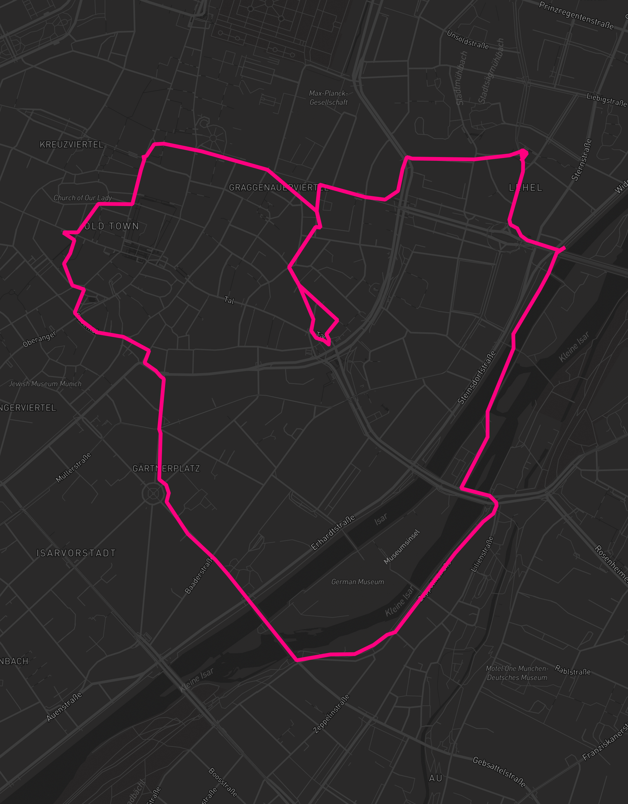 Heart-shaped running route in Munich, 6.5 km — GPS art for Strava
