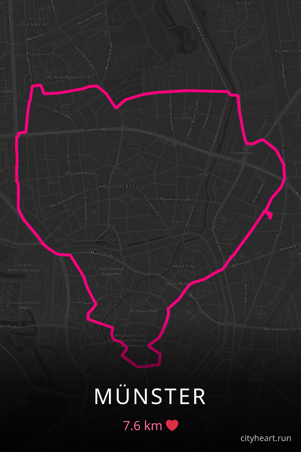 Heart-shaped running route in Münster, 7.6 km — GPS art for Strava