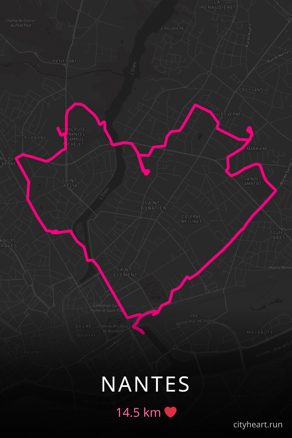 Heart-shaped running route in Nantes, 14.5 km — GPS art for Strava