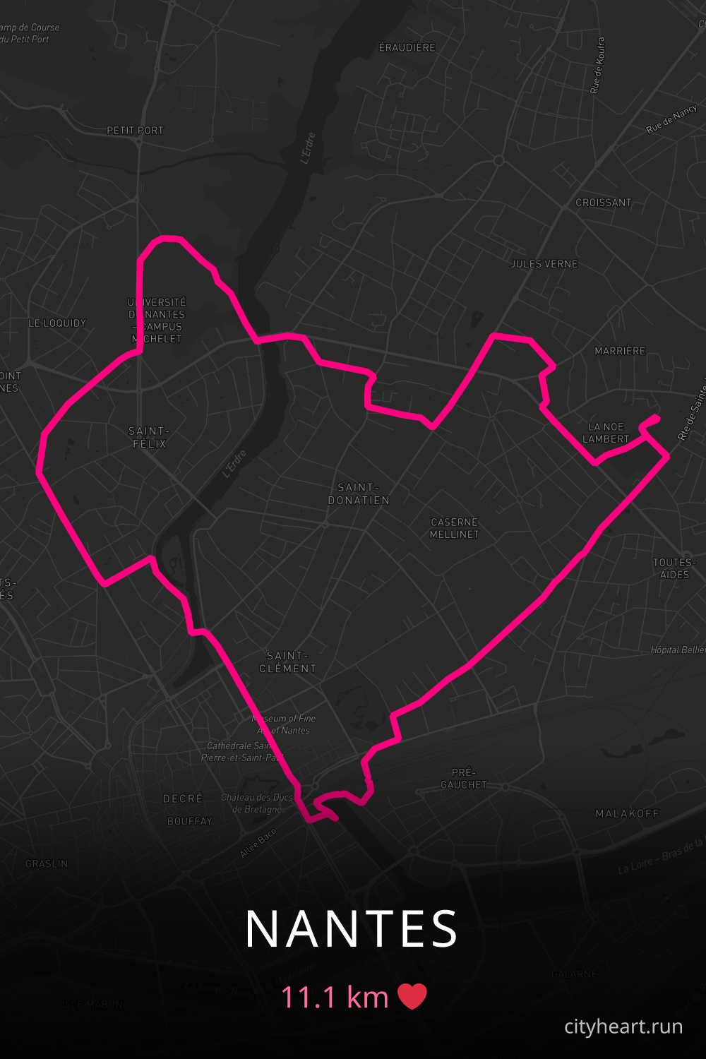 Heart-shaped running route in Nantes, 11.1 km — GPS art for Strava