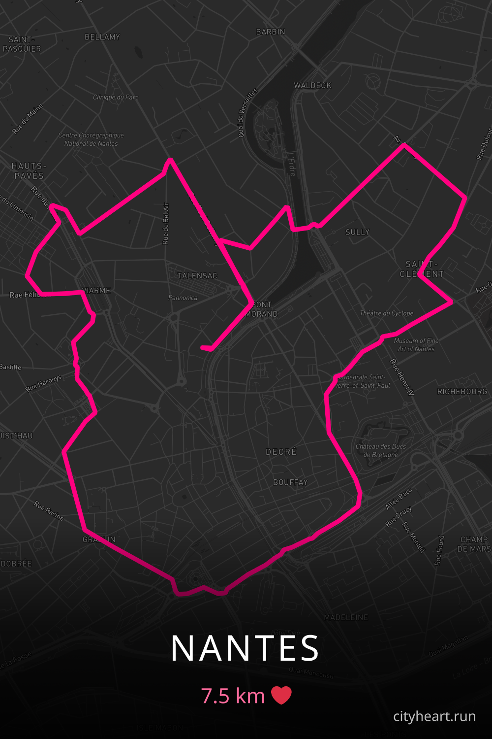 Heart-shaped running route in Nantes, 7.5 km — GPS art for Strava