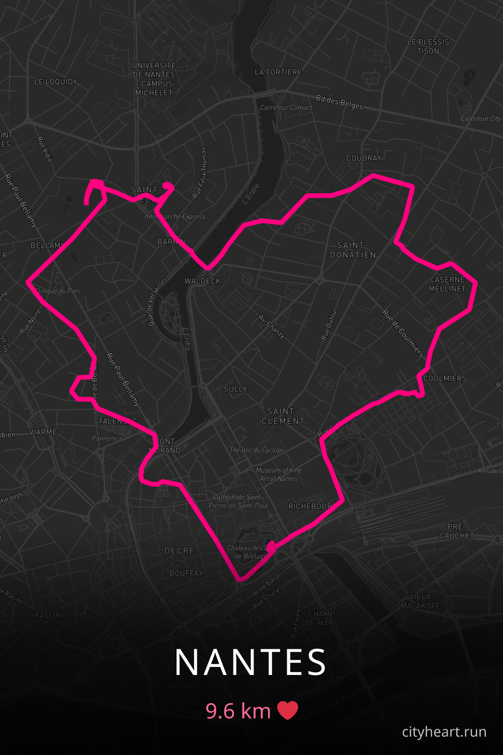 Heart-shaped running route in Nantes, 9.6 km — GPS art for Strava