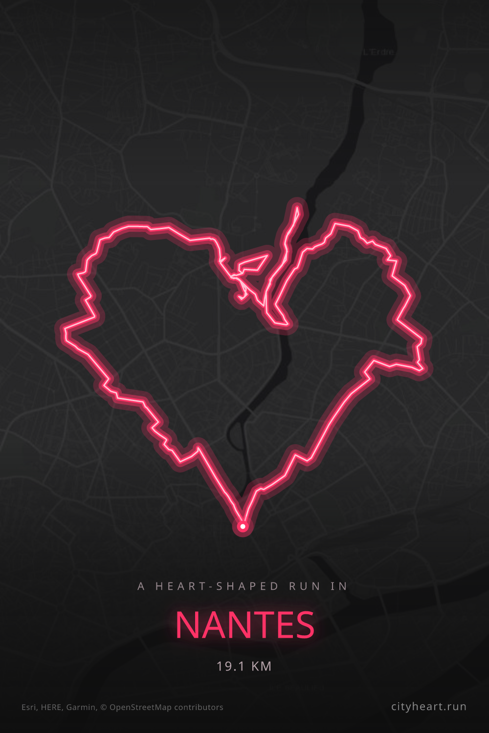 Heart-shaped running route in Nantes, 19.1 km — GPS art for Strava