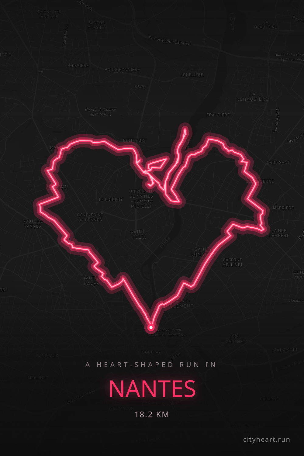 Heart-shaped running route in Nantes, 19.1 km — GPS art for Strava