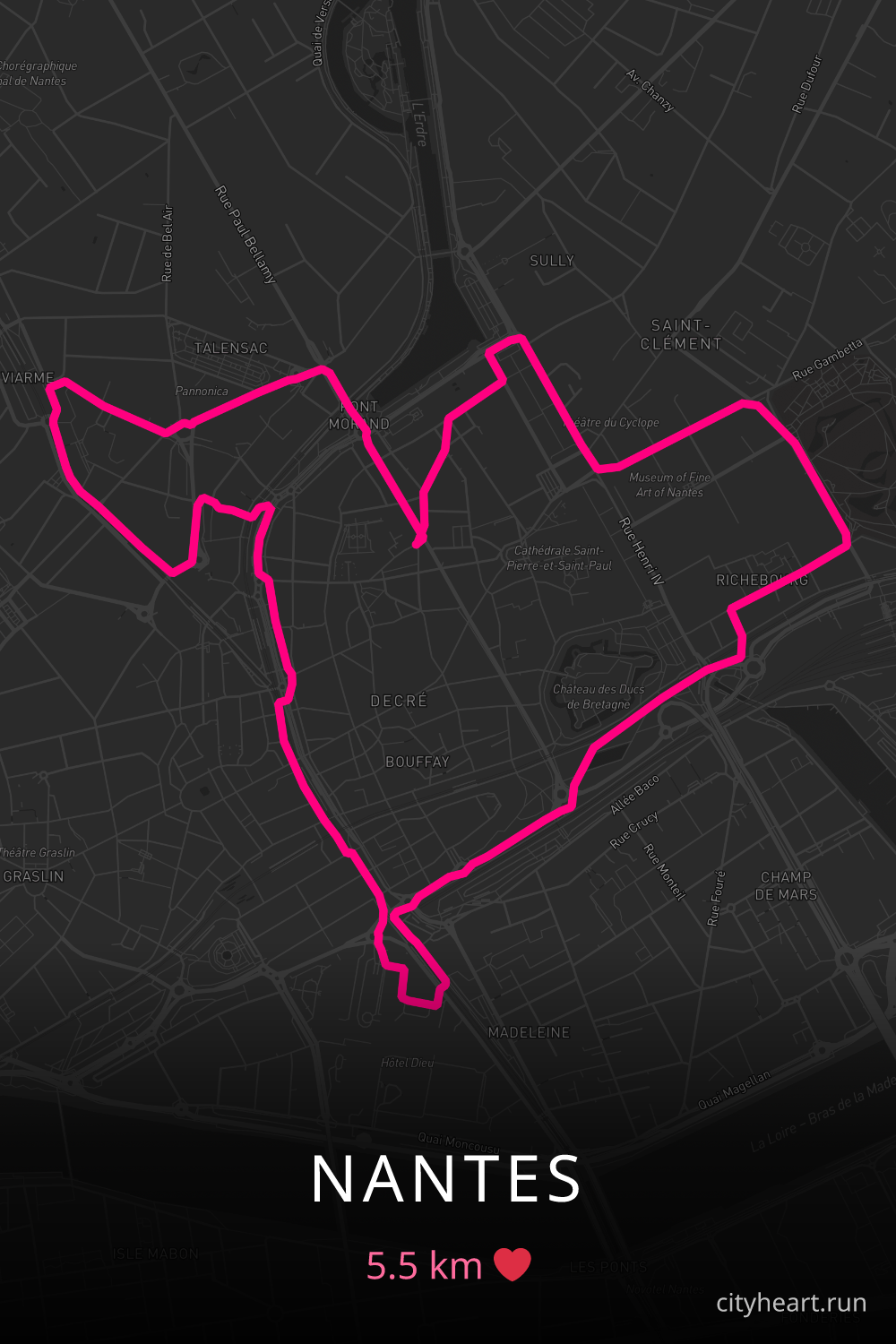 Heart-shaped running route in Nantes, 5.5 km — GPS art for Strava