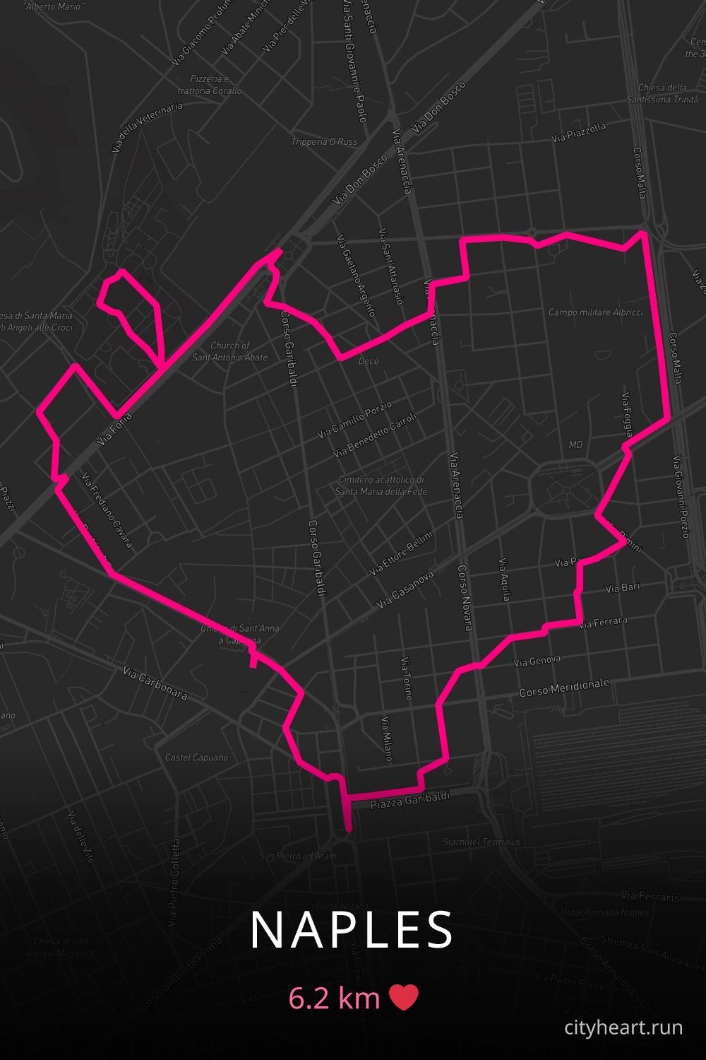 Heart-shaped running route in Naples, 6.2 km — GPS art for Strava