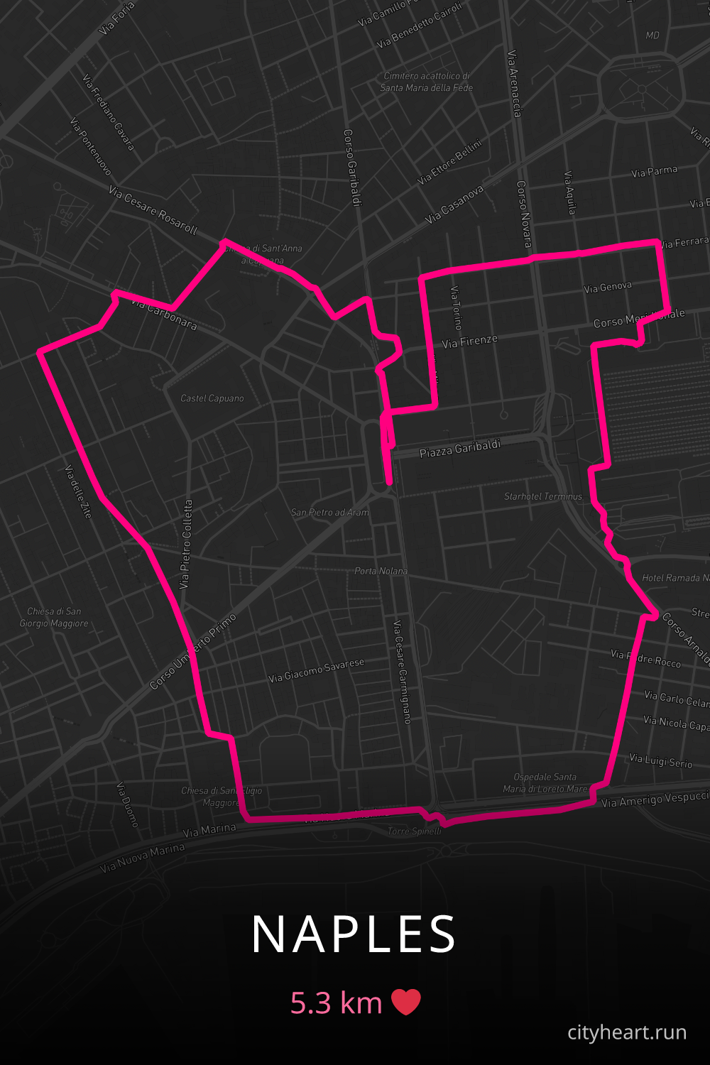 Heart-shaped running route in Naples, 5.3 km — GPS art for Strava