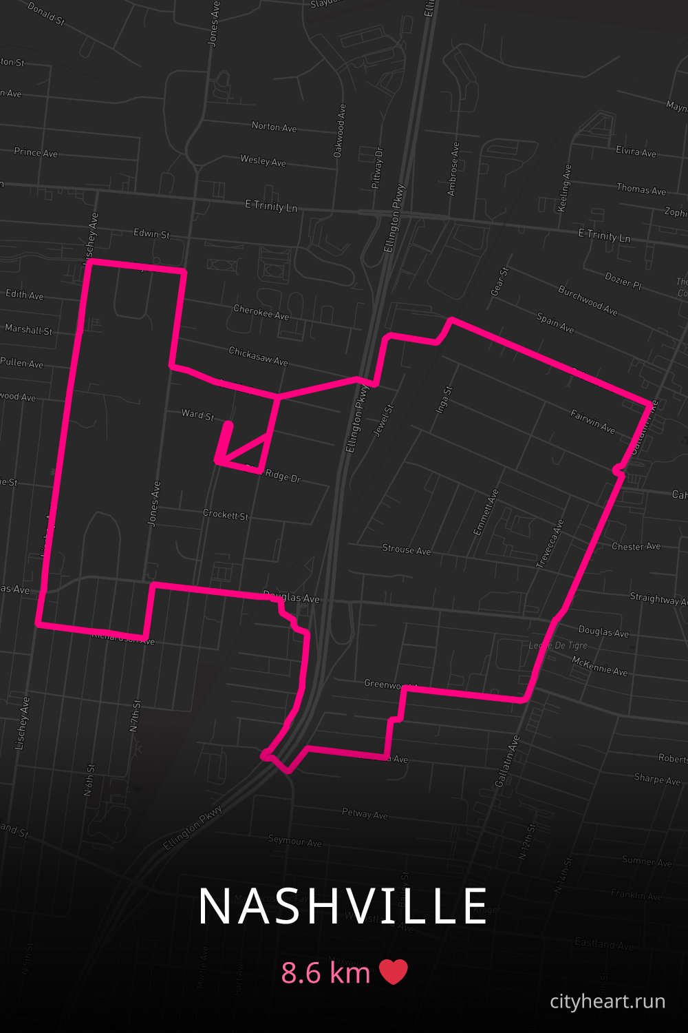 Heart-shaped running route in Nashville, 8.6 km — GPS art for Strava