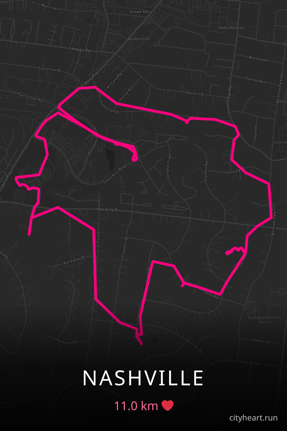 Heart-shaped running route in Nashville, 11.0 km — GPS art for Strava