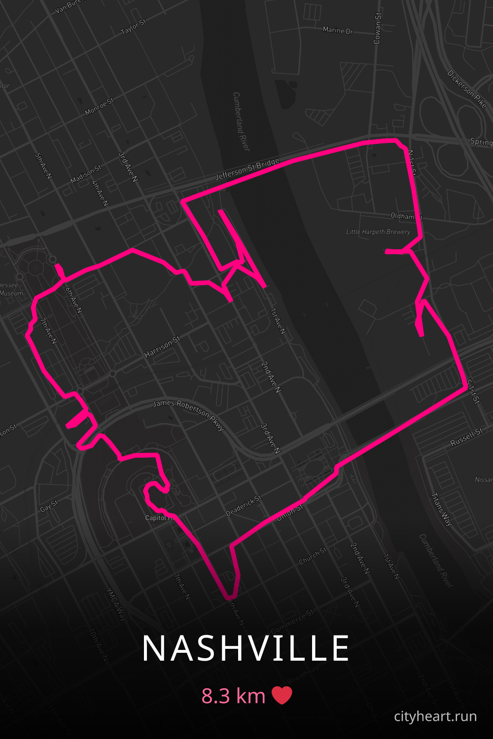 Heart-shaped running route in Nashville, 8.3 km — GPS art for Strava