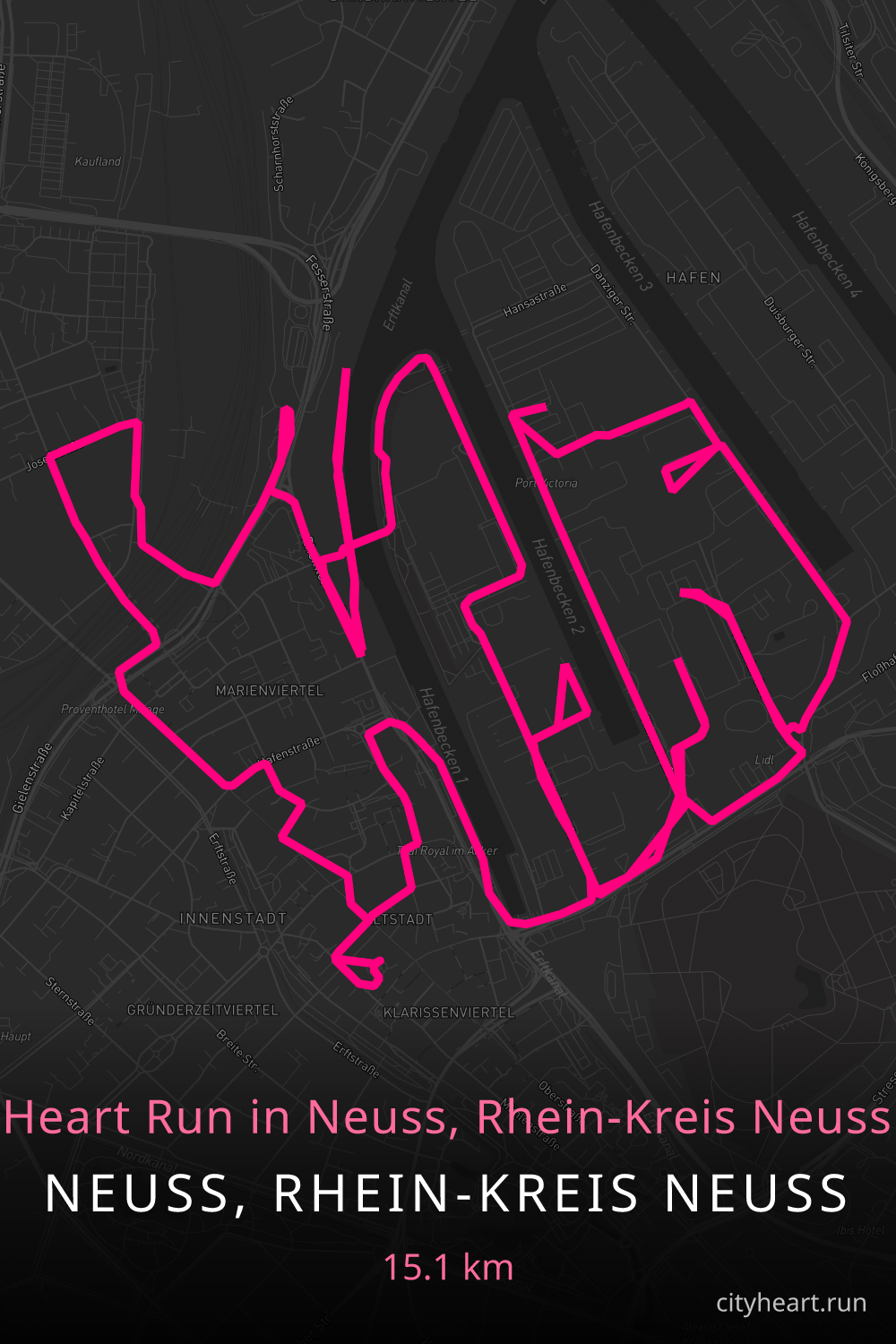 Heart-shaped running route in Neuss, Rhein-Kreis Neuss, 16.0 km — GPS art for Strava