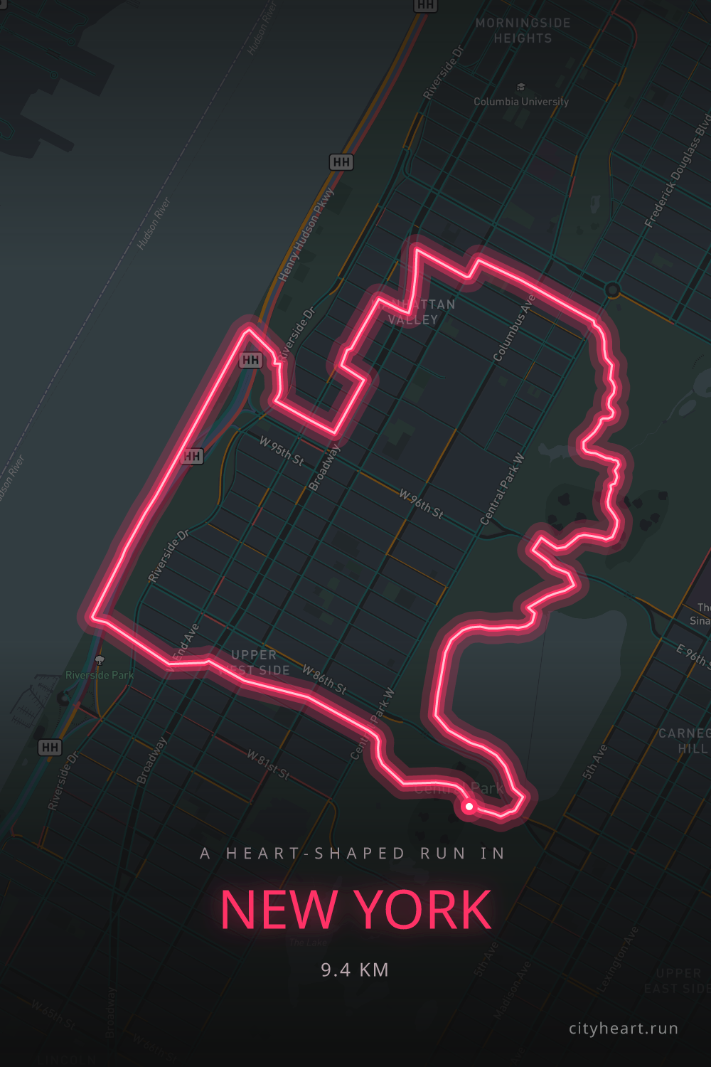 Heart-shaped running route in New York, 9.4 km — GPS art for Strava