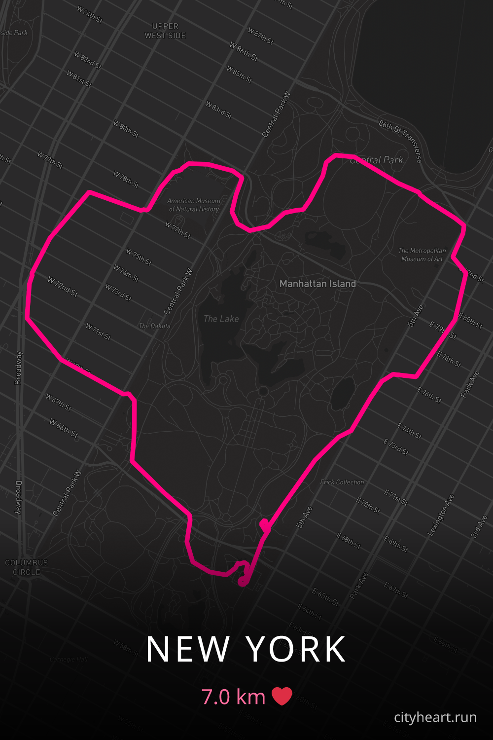 Heart-shaped running route in New York, 7.0 km — GPS art for Strava
