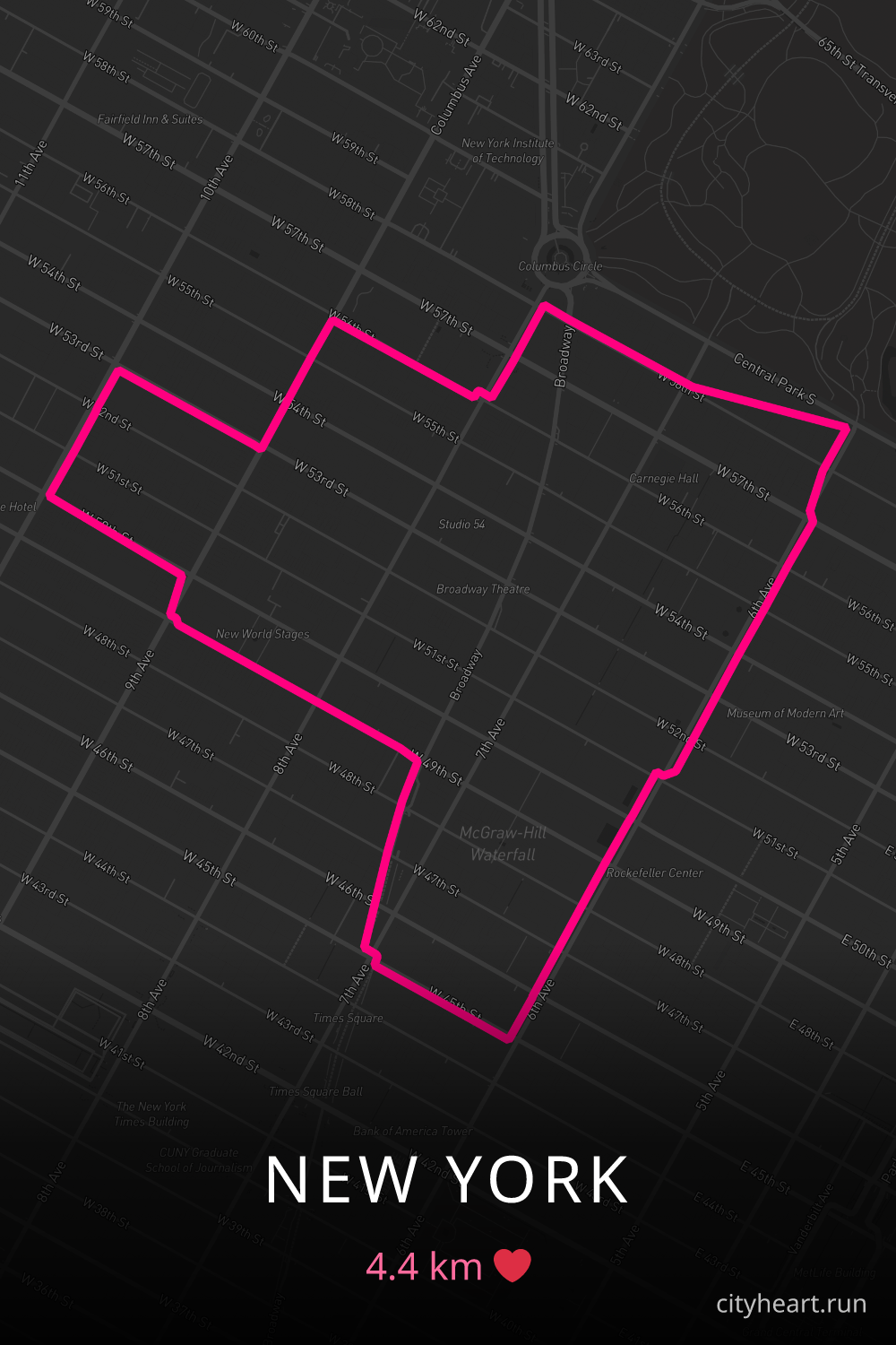 Heart-shaped running route in New York, 4.4 km — GPS art for Strava