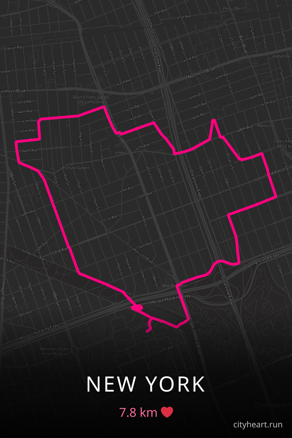 Heart-shaped running route in New York, 7.8 km — GPS art for Strava