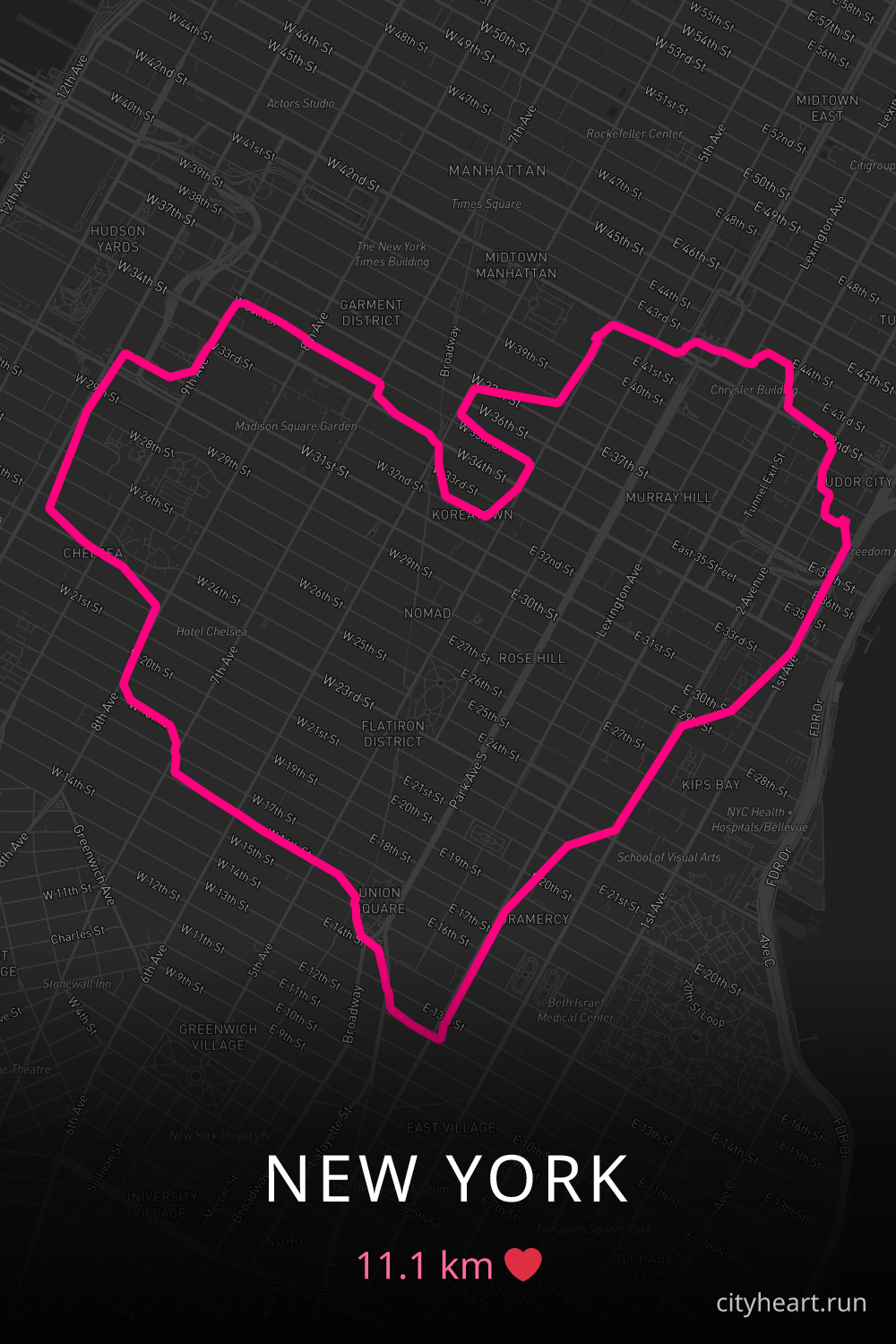 Heart-shaped running route in New York, 11.1 km — GPS art for Strava
