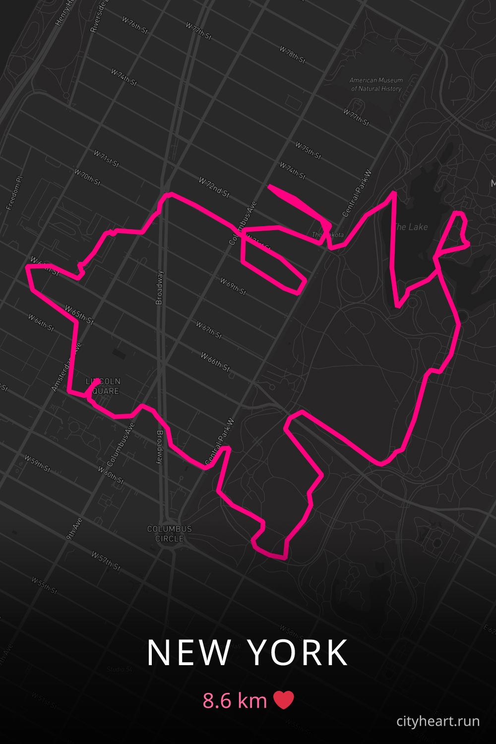 Heart-shaped running route in New York, 8.6 km — GPS art for Strava