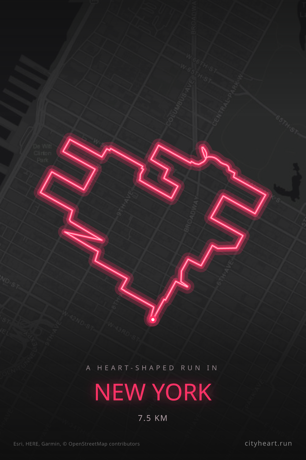Heart-shaped running route in New York, 7.5 km — GPS art for Strava