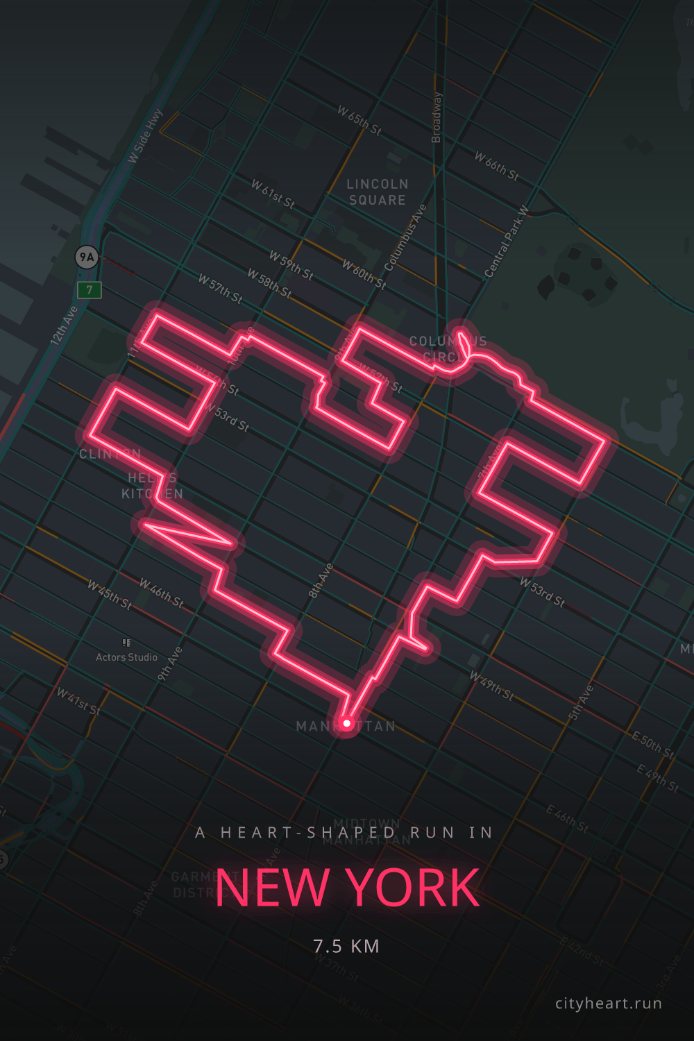 Heart-shaped running route in New York, 7.5 km — GPS art for Strava