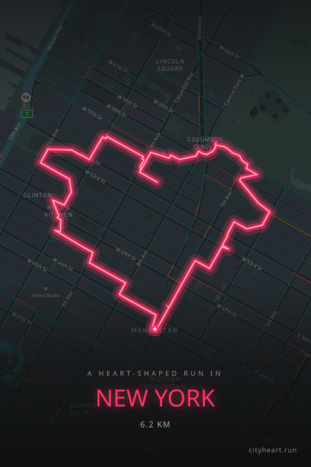 Heart-shaped running route in New York, 6.2 km — GPS art for Strava