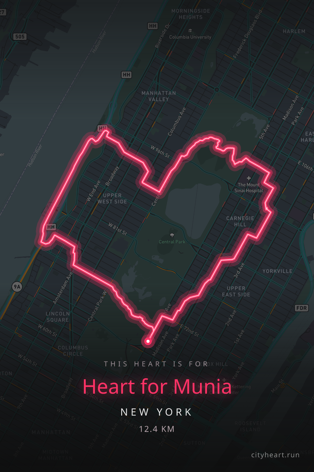 Heart-shaped running route in New York, 12.4 km — GPS art for Strava