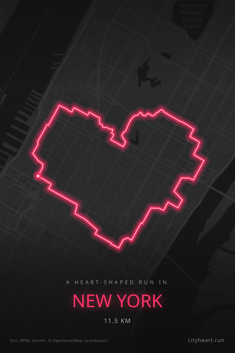 Heart-shaped running route in New York, 11.5 km — GPS art for Strava