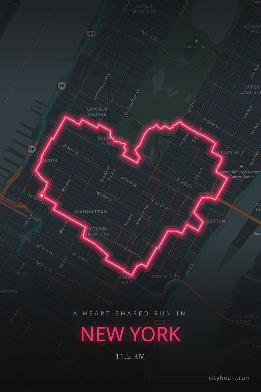 Heart-shaped running route in New York, 11.5 km — GPS art for Strava