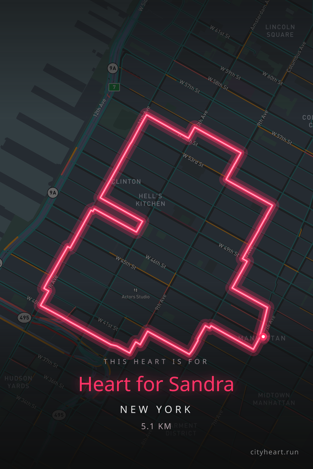 Heart-shaped running route in New York, 5.1 km — GPS art for Strava