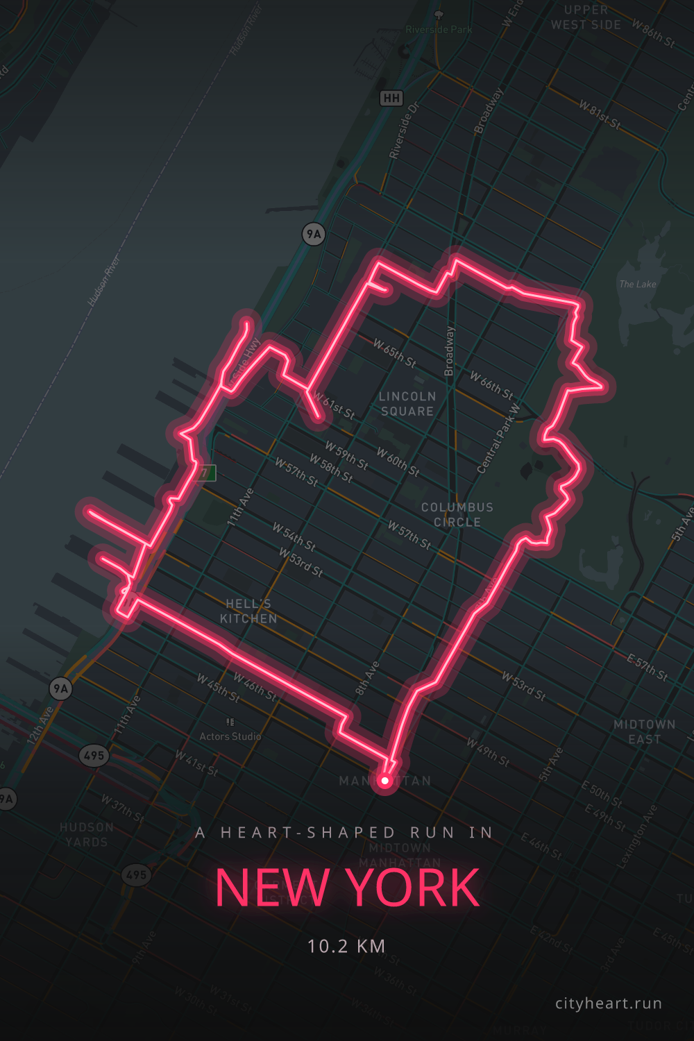 Heart-shaped running route in New York, 10.2 km — GPS art for Strava
