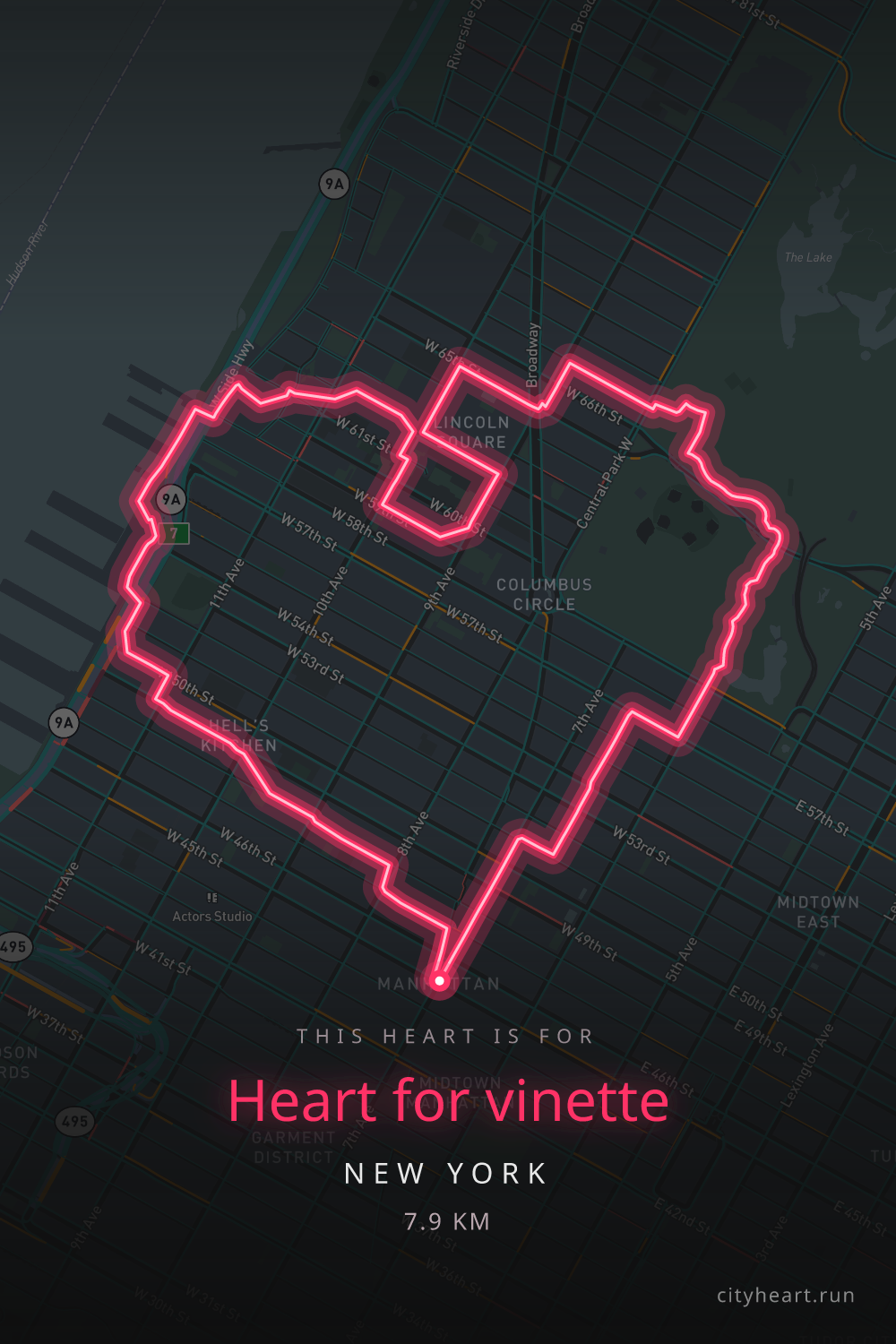 Heart-shaped running route in New York, 7.9 km — GPS art for Strava