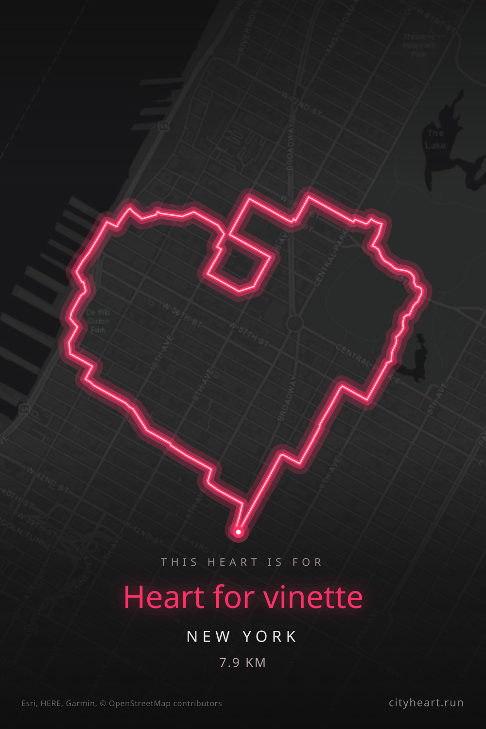 Heart-shaped running route in New York, 7.9 km — GPS art for Strava