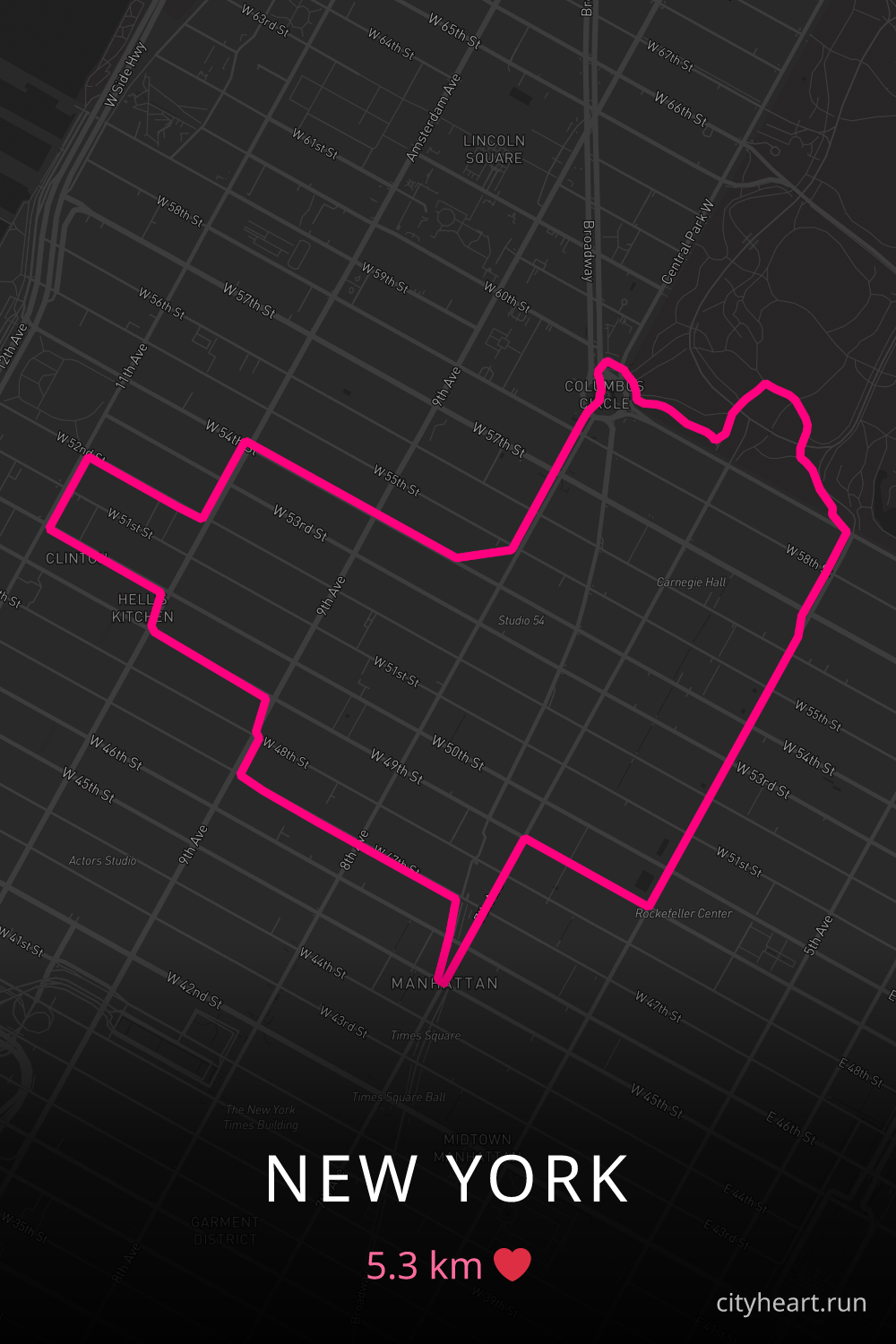 Heart-shaped running route in New York, 5.3 km — GPS art for Strava