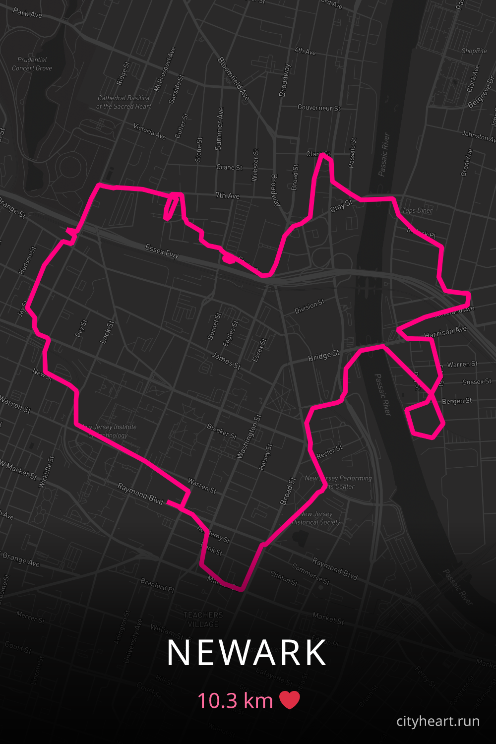 Heart-shaped running route in Newark, 10.3 km — GPS art for Strava