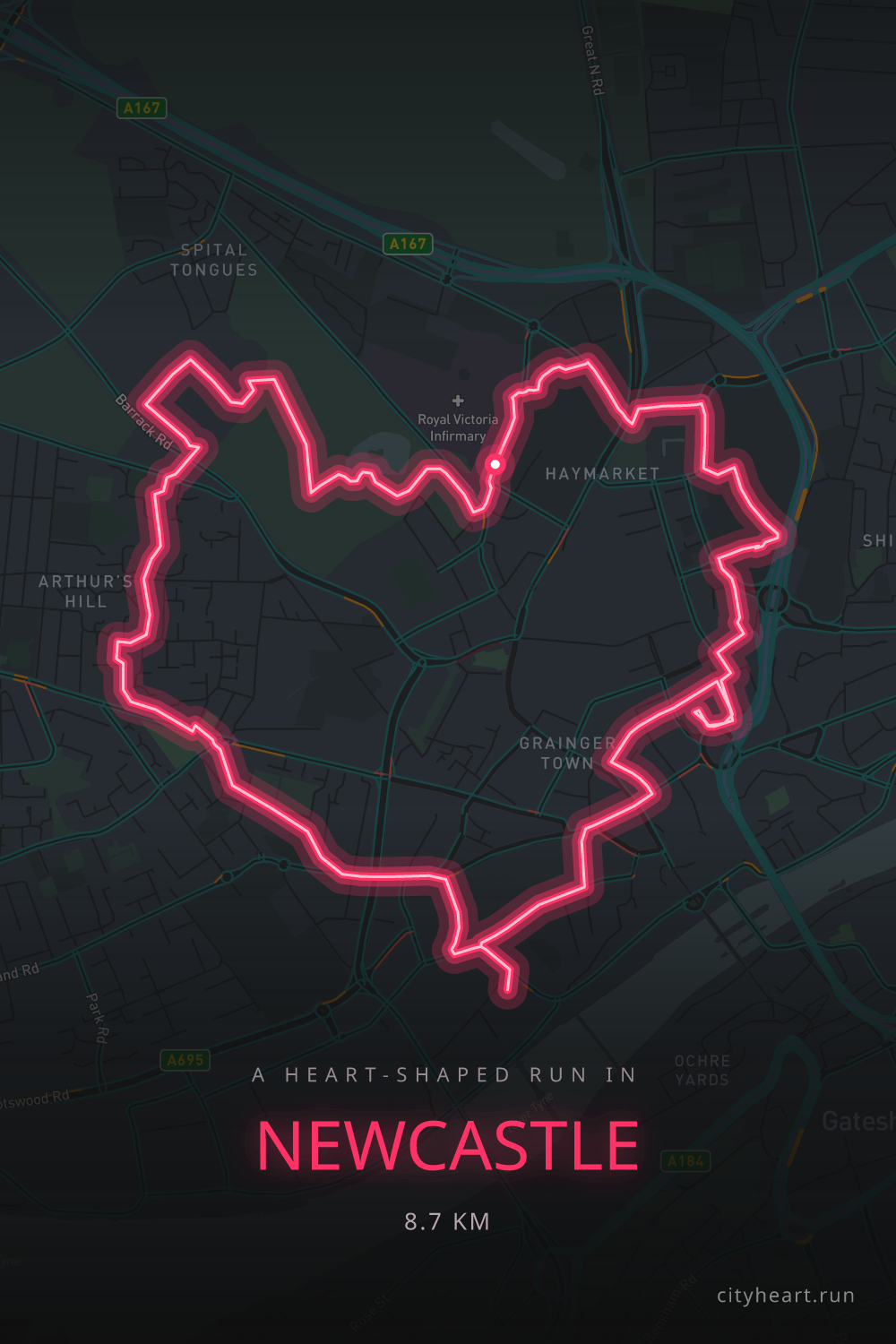 Heart-shaped running route in Newcastle, 10.4 km — GPS art for Strava