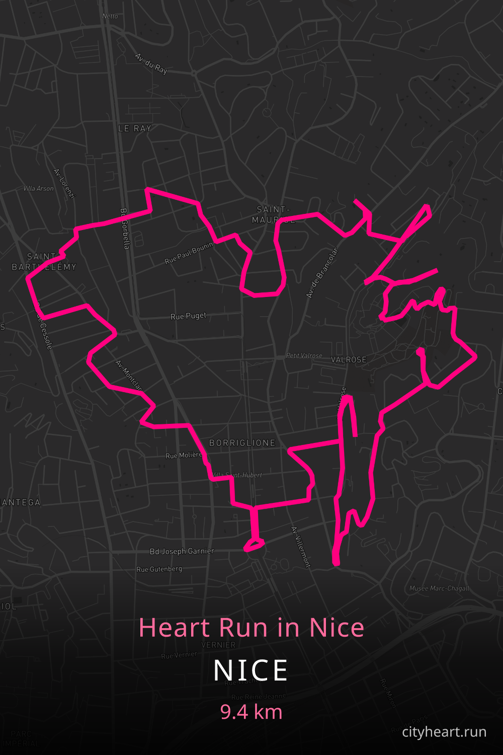 Heart-shaped running route in Nice, 10.1 km — GPS art for Strava