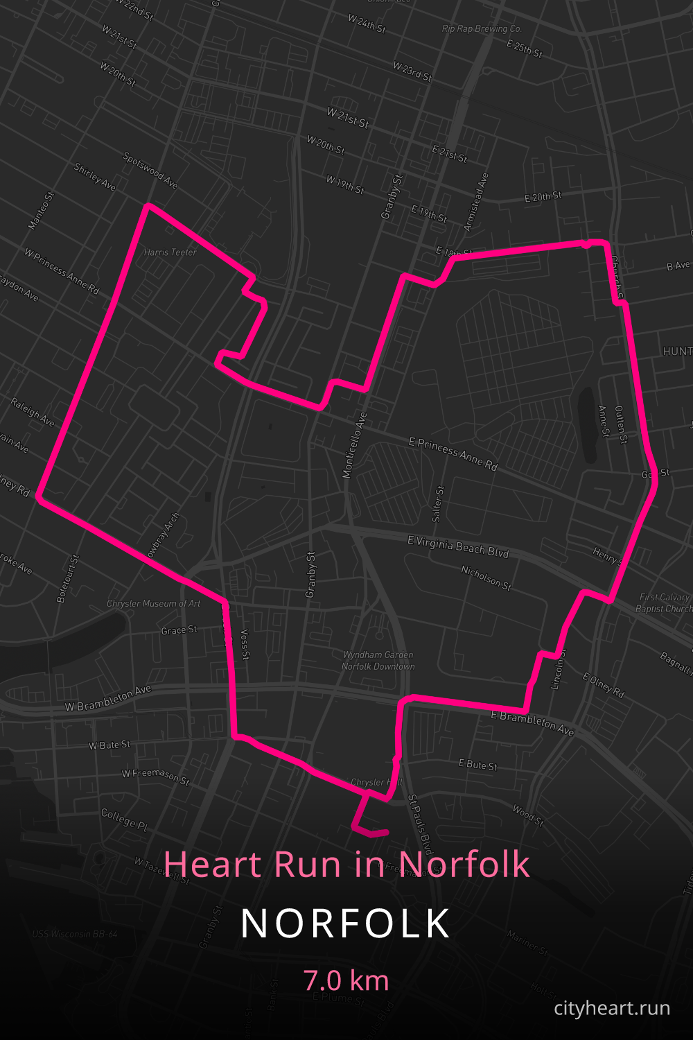 Heart-shaped running route in Norfolk, 7.0 km — GPS art for Strava