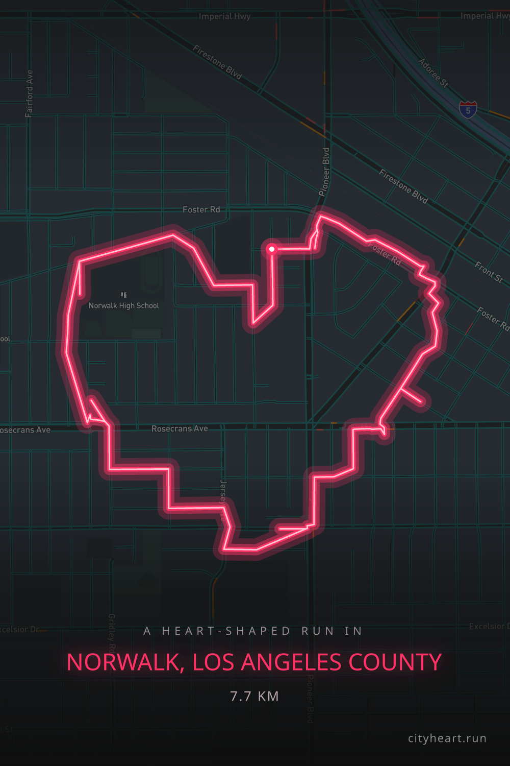 Heart-shaped running route in Norwalk, Los Angeles County, 7.7 km — GPS art for Strava