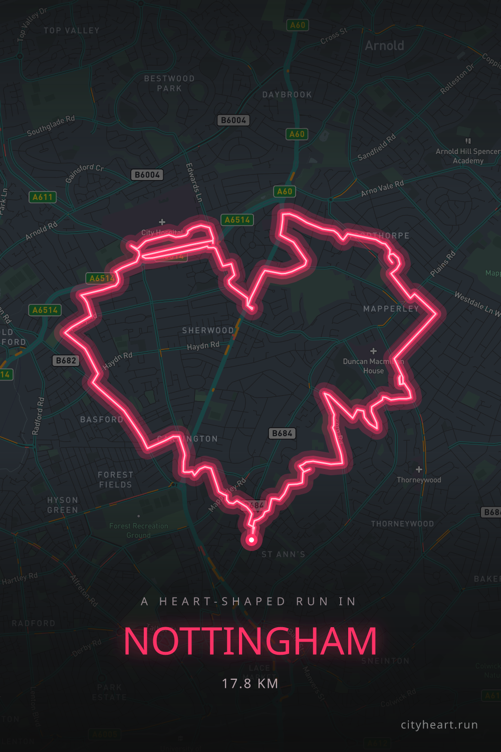 Heart-shaped running route in Nottingham, 19.1 km — GPS art for Strava