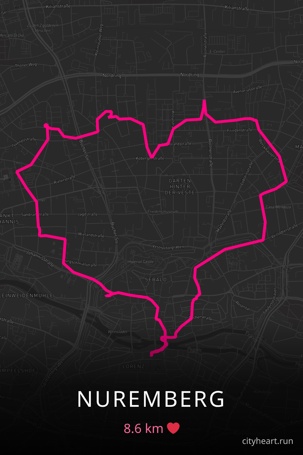 Heart-shaped running route in Nuremberg, 8.6 km — GPS art for Strava