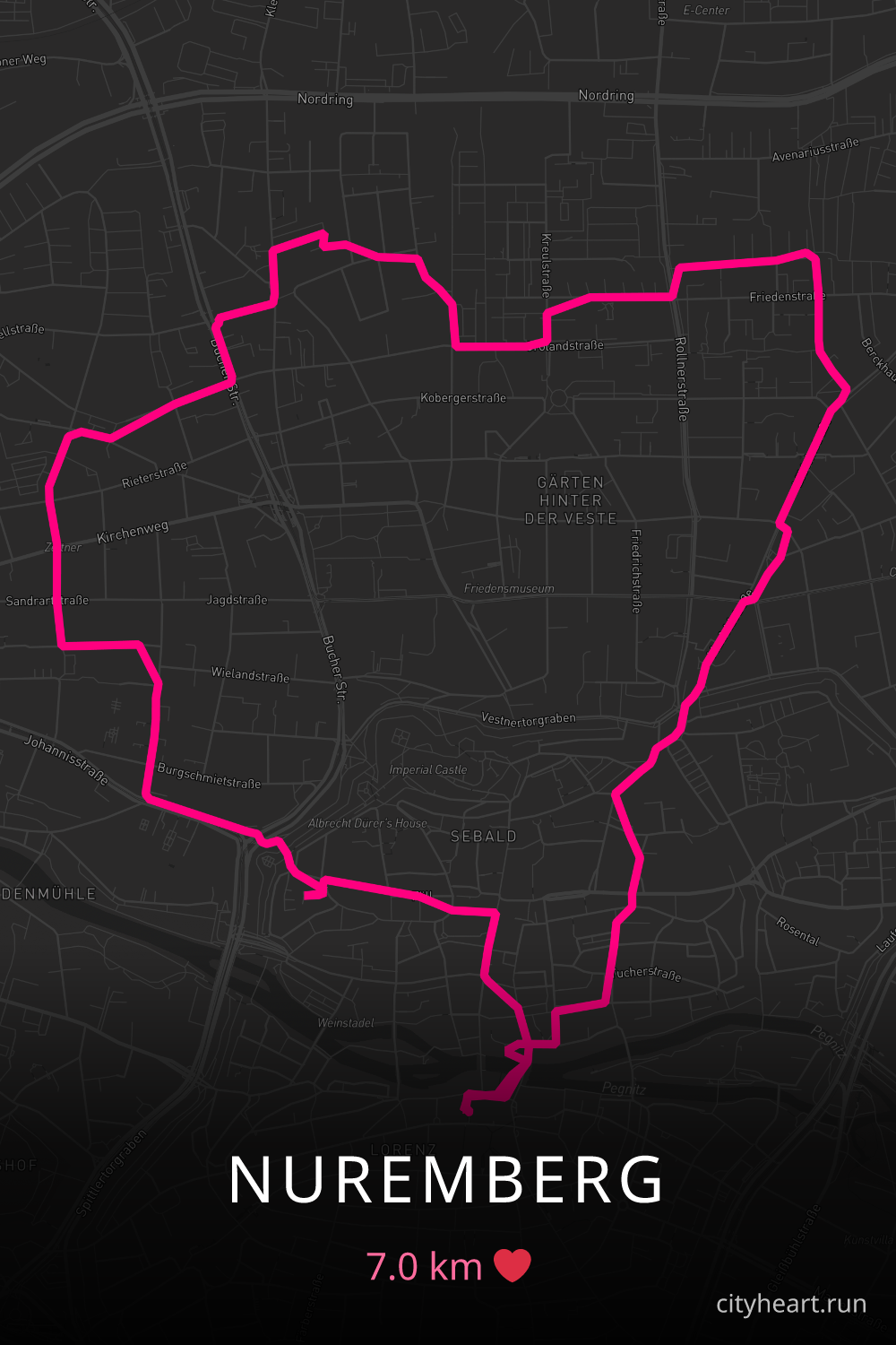 Heart-shaped running route in Nuremberg, 7.0 km — GPS art for Strava